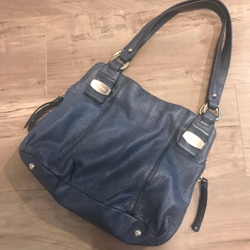 B Makowsky Blue Leather Purse Shoulder Bag Silver Accents Animal Print Interior